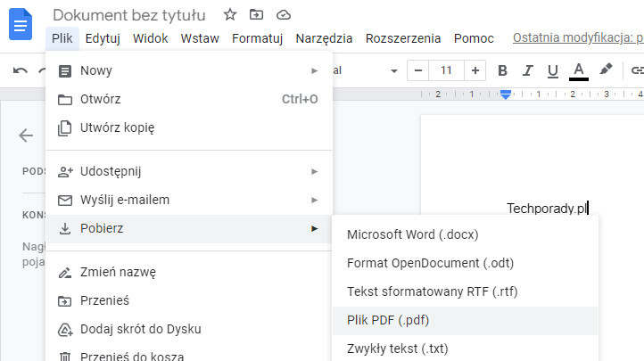 Pobieranie tekstu jako PDF w Google Docs