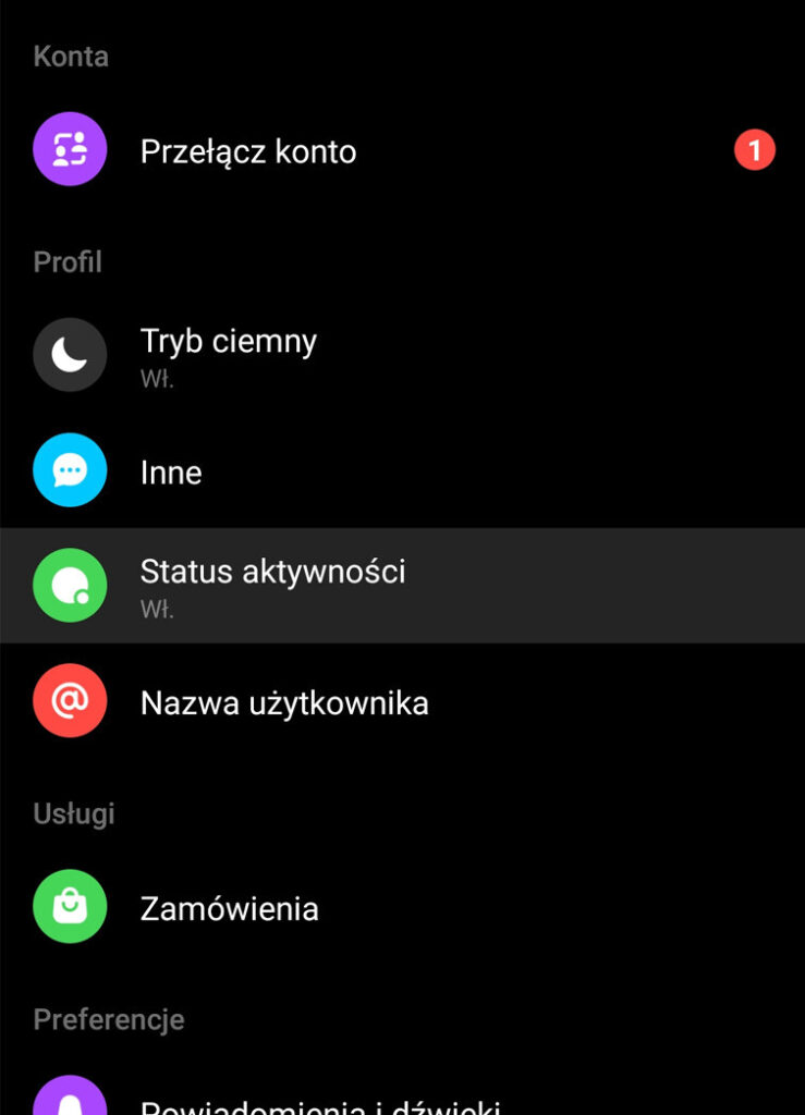 Zakładka Status aktywności w aplikacji Messenger