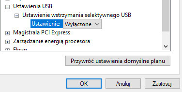 Wyłączanie wstrzymywania selektywnego USB